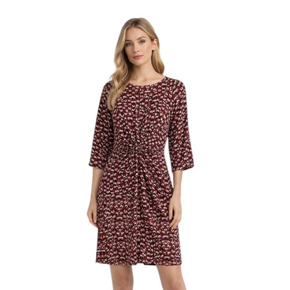 HIATUS Leopard Print Dress Size L Burgundy Tie Waist 3/4 Sleeve